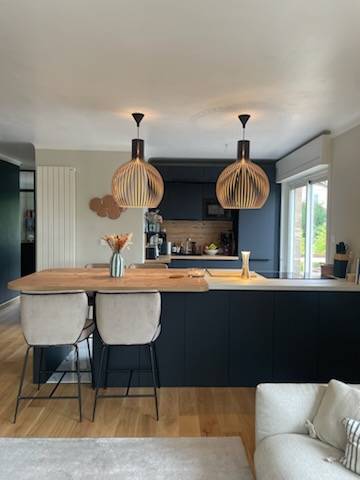 ilot bois et noir avec suspentes et plaque de cuisson plus sa hotte