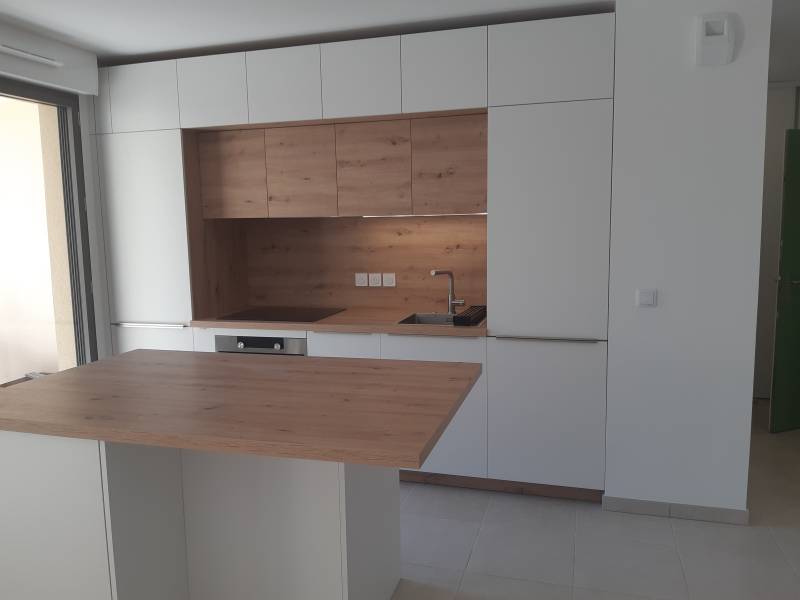 meuble colonne dissimulant le frigo et permettant de nombreux rangements